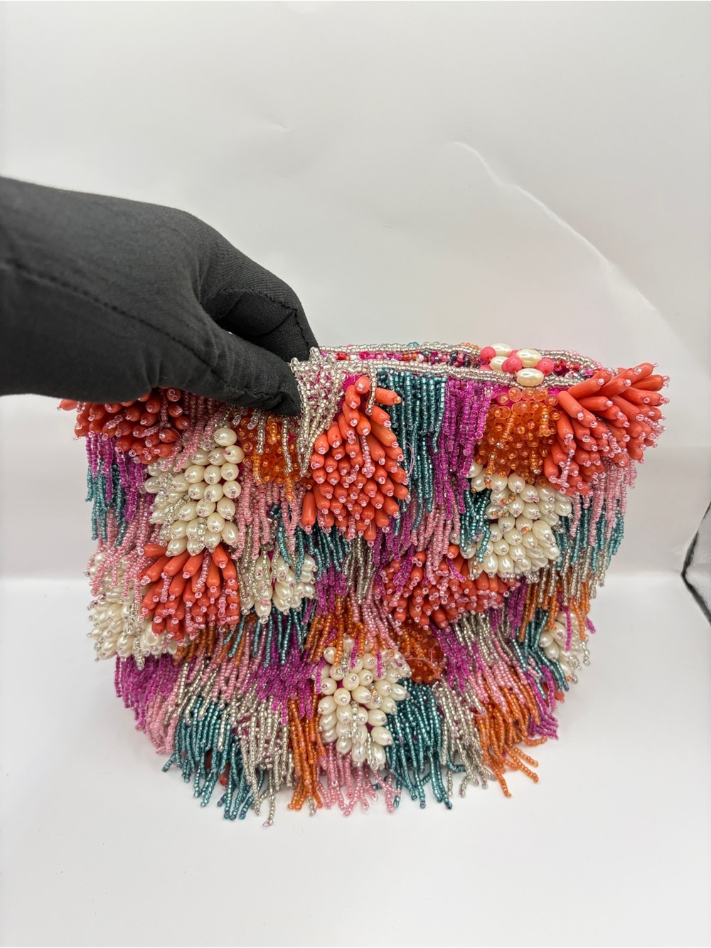 Vintage Y2K Beaded Floral Fringe Evening Clutch Mini Bag in Coral, Pink & Teal